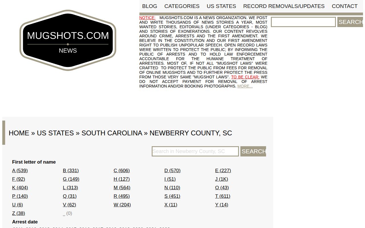 Newberry County historical secondary mugshot archive interface