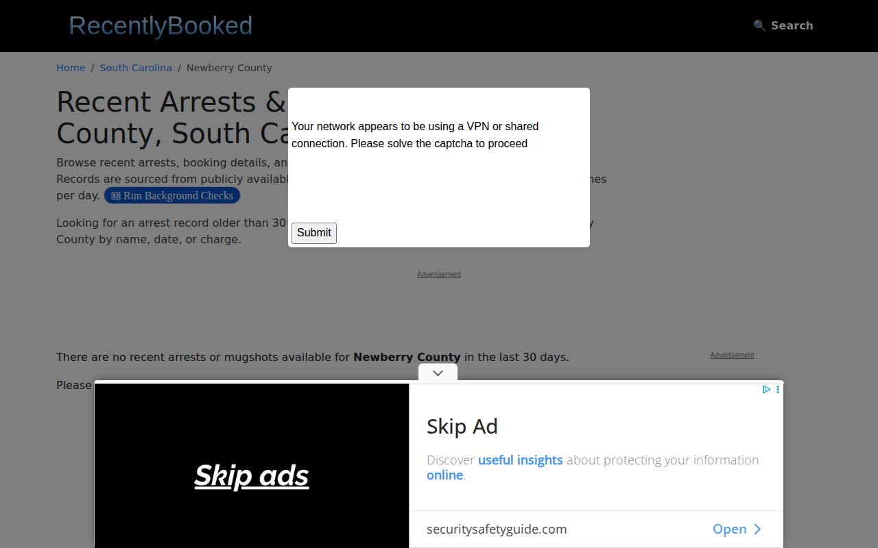 Newberry County secondary booking archive interface