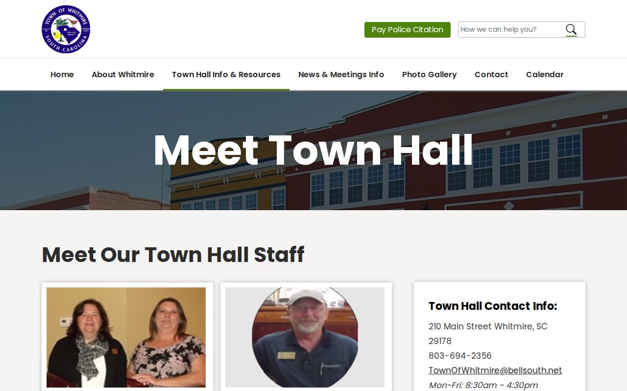 Whitmire Police Department contact page for town arrest records